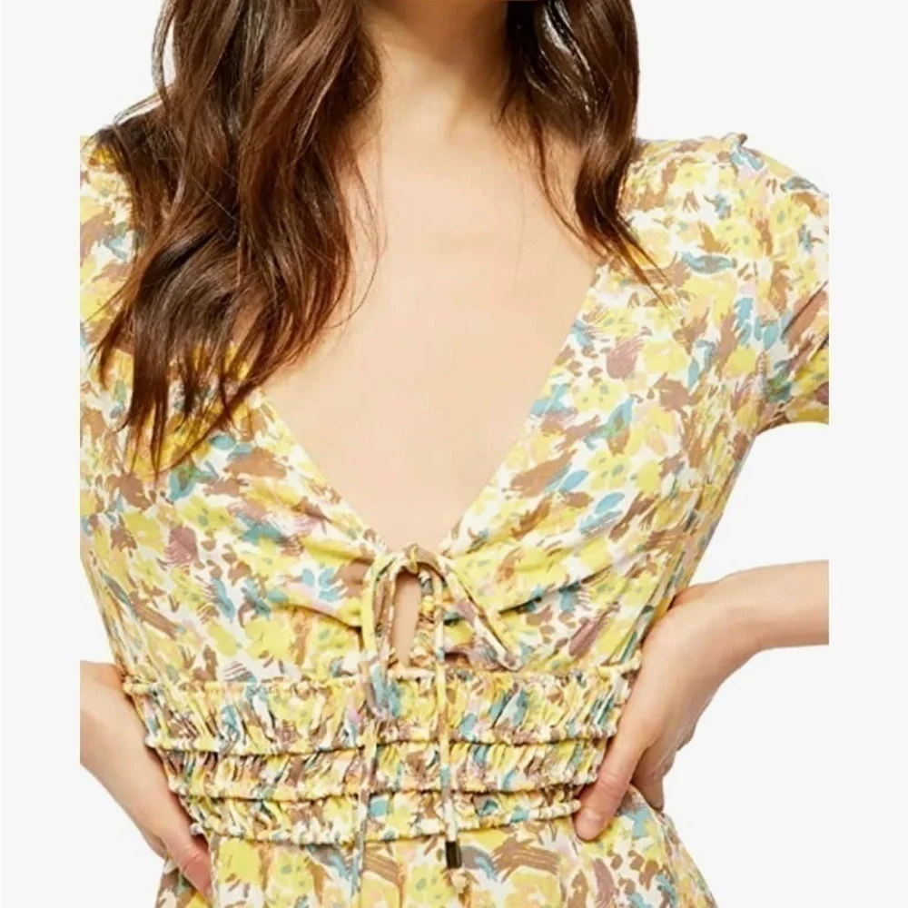 FREE PEOPLE  Forget Me Not V Neck Floral Lined Ruched Sleeve Mini Dress 4 - Picture 3 of 5